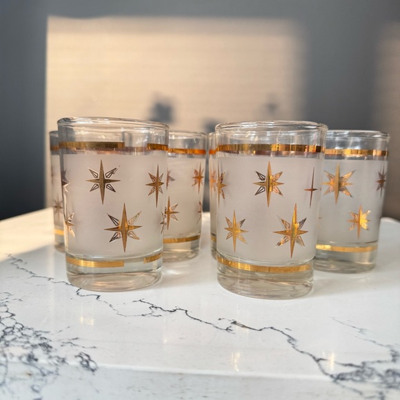 Dominion glass co. Other - Vintage Dominion Glass Gold & Frosted Starburst Bar Glasses Glassware Set of 6